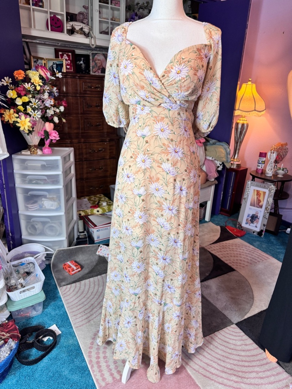 Floral Peach Maxi Dress with Puff Sleeves